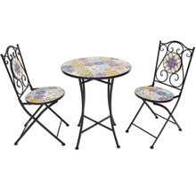 Ensemble de table de jardin avec motif mosaïque, composé d'une table et de deux chaises avec structure en métal