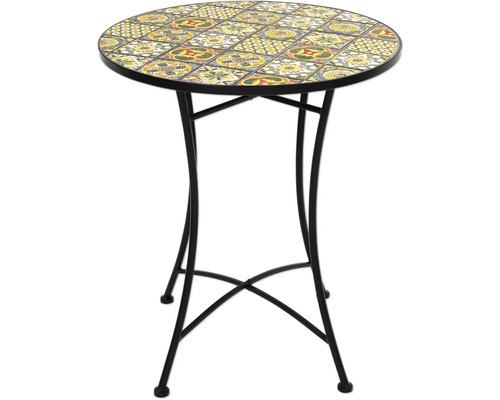 Runder Bistrotisch mit Mosaikfliesenmuster auf der Tischplatte und Metallgestell