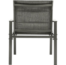 Chaise de jardin avec accoudoirs, revêtement textile et structure métallique, vue arrière