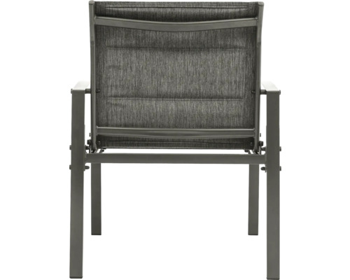 Chaise de jardin avec accoudoirs, revêtement textile et structure métallique, vue arrière