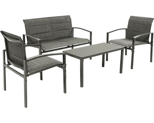 Ensemble de meubles de jardin avec deux chaises, une banquette et une table