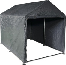 Abri gris avec cadre en métal et bâche