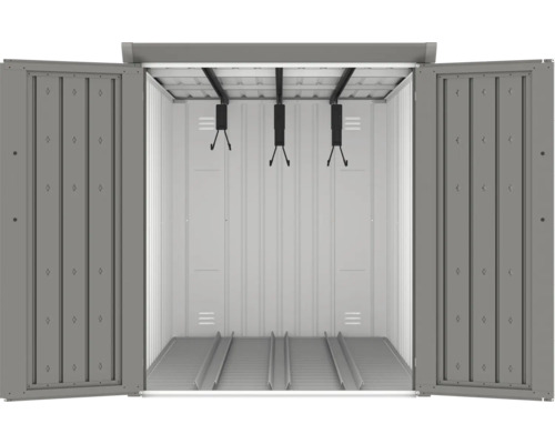 Offenes Metall Gerätehaus mit Fahrradhalterung