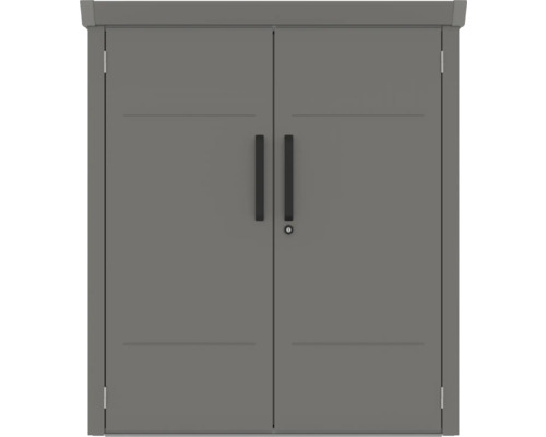 Grauer Geräteschrank mit zwei Türen und Griffen