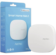 Aeotec Smart Home Hub 2, centrale domotique blanche carrée, coins arrondis, avec emballage, compatible avec Samsung SmartThings.