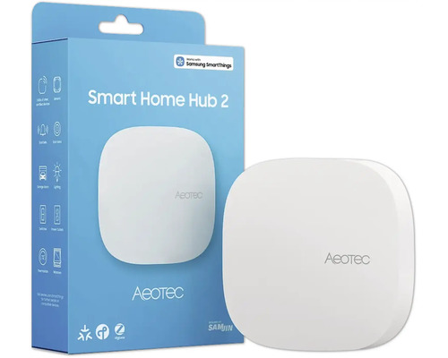 Aeotec Smart Home Hub 2, centrale domotique blanche carrée, coins arrondis, avec emballage, compatible avec Samsung SmartThings.