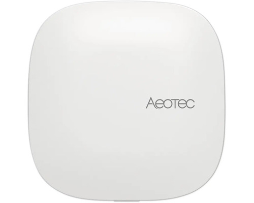 Centrale Aeotec Smart Home Hub carrée en plastique avec coins arrondis et Aeotec Logo.