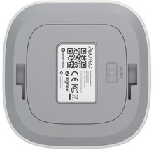 Dessous de l'Aeotec Smart Home Hub 2 avec code QR, bouton de réinitialisation, Aeotec Logo, Zigbee Logo et SmartThings Logo.