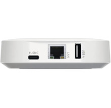 Passerelle de maison connectée blanche avec ports arrière pour USB C, LAN et USB A.