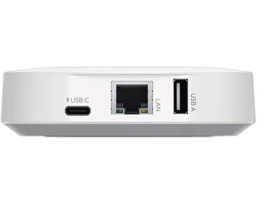 Passerelle de maison connectée blanche avec ports arrière pour USB C, LAN et USB A.