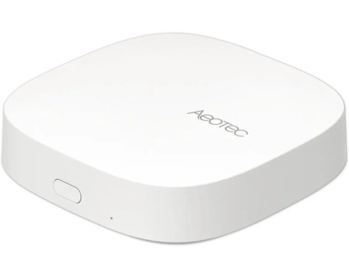 Hub Smart Home Aeotec, forme carrée blanche avec coins arrondis, Aeotec Logo sur le dessus.