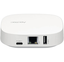 Hub Smart Home Aeotec blanc avec ports USB C, LAN et USB A et Aeotec Logo.