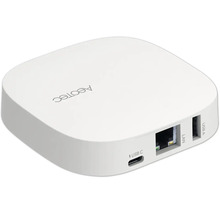 Hub domotique Aeotec blanc avec ports USB-C, LAN et USB-A.