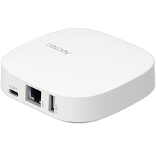 Hub Smart Home Aeotec blanc avec Aeotec Logo et ports pour LAN, USB-A et USB-C.