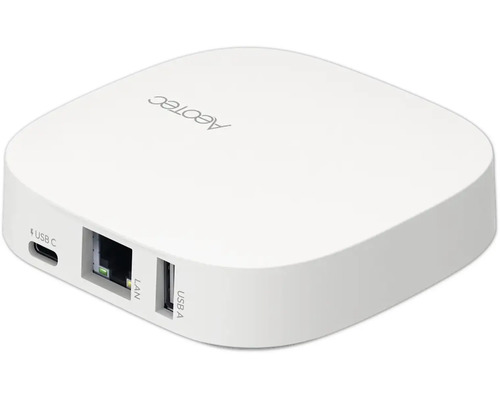 Hub Smart Home Aeotec blanc avec Aeotec Logo et ports pour LAN, USB-A et USB-C.