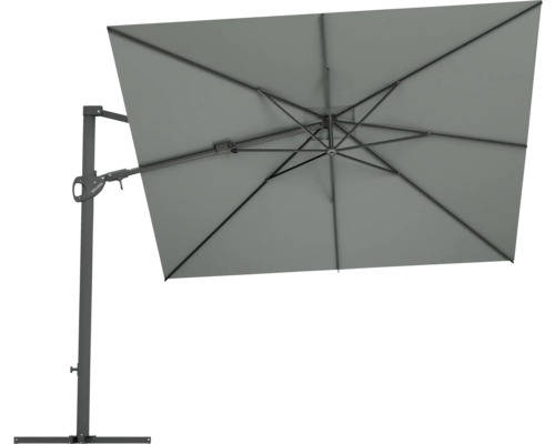 Grauer, rechteckiger Ampelschirm mit Stahlgestell.