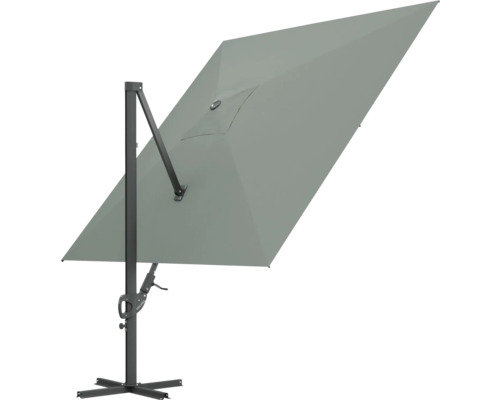 Rechteckiger Sonnenschirm mit seitlichem Mast und Standfuß.
