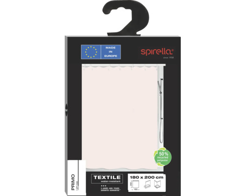 Rideau de douche Spirella Primo, 180x200 cm, textile, hydrofuge, fabriqué en Europe, 50 pour cent de polyester recyclé
