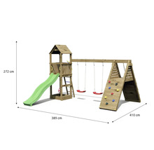 Spielplatz mit Turm, Rutsche, Schaukeln und Kletterwand mit Abmessungen