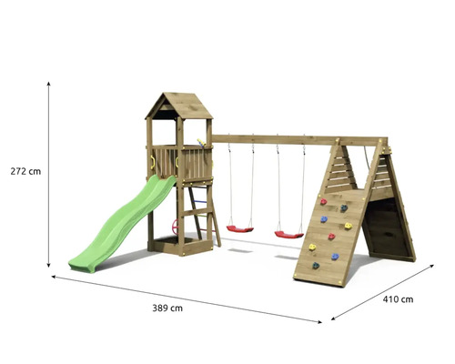 Spielplatz mit Turm, Rutsche, Schaukeln und Kletterwand mit Abmessungen