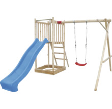 Spielturm mit Rutsche und Schaukel aus Holz
