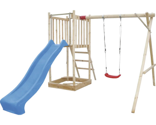 Spielturm mit Rutsche und Schaukel aus Holz