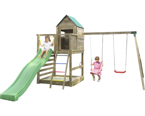 Marimex 430 x 364 cm en bois composé d’1 balançoire, toboggan Tour de jeux avec toboggan et balançoire pour enfants