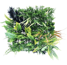 Mur végétal artificiel avec différents tons de vert et textures de feuilles.