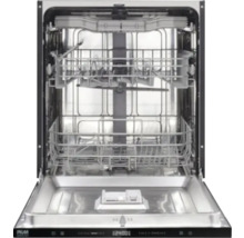 Innenansicht eines Geschirrspülers mit offenen Klappen und Geschirrkörben