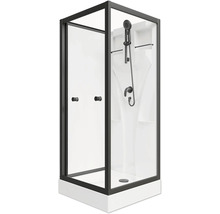 Duschkabine mit schwarzem Rahmen, Glastür und Dusche