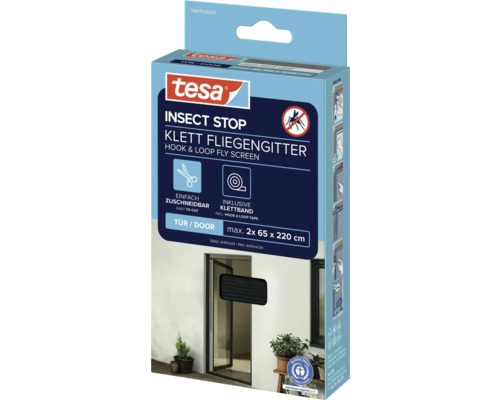Verpackung einer Tesa Insektenschutz Klett Fliegengittertür mit den Maßen maximal 2x 65 x 220 cm
