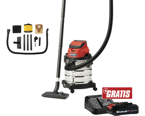 Einhell Logo. Einhell Akku-Nass-Trockensauger mit Zubehör, Ladegerät und Akku gratis.