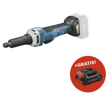 Meuleuse droite sans fil Bosch Professional avec une batterie supplémentaire dans un cercle rouge.