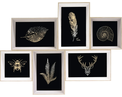 Image murale en plusieurs parties avec des motifs de feuille, plume, coquillage, abeille, fougère et bois de cerf