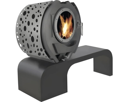 Poêle à bois avec écran perforé décoratif et banc intégré