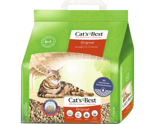 Katzenstreu Cats Best Original 20 l Eine Packung Cat's Best Original Katzenstreu mit dem Bild einer Katze darauf.