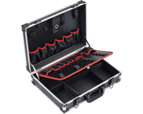 Alu Werkzeugkoffer Meister schwarz silber ohne Inhalt mit Einlagen Geöffneter Werkzeugkoffer aus Aluminium mit Fächern und Tragegriff