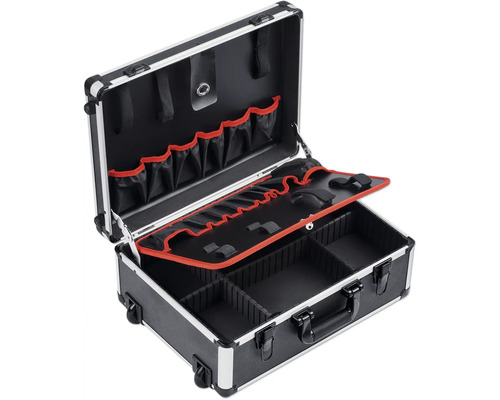 Alu Werkzeugtrolley Meister schwarz silber ohne Inhalt Geöffneter Werkzeugkoffer mit Fächern