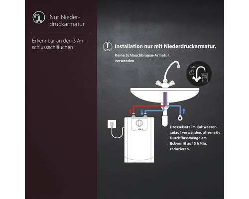 Illustration zur Installation einer Niederdruckarmatur mit drei Anschlussschläuchen