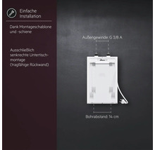 Rückansicht eines Untertischgerätes mit Hinweisen zur einfachen Installation und den Abmessungen für die Montage