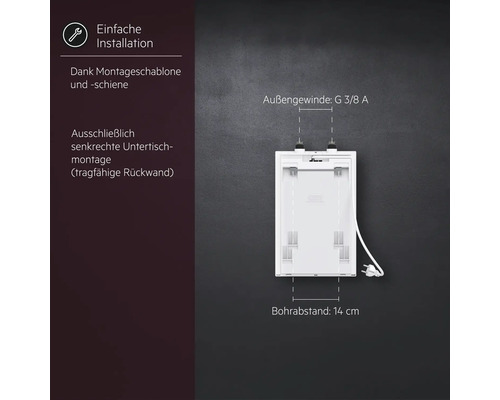 Rückansicht eines Untertischgerätes mit Hinweisen zur einfachen Installation und den Abmessungen für die Montage