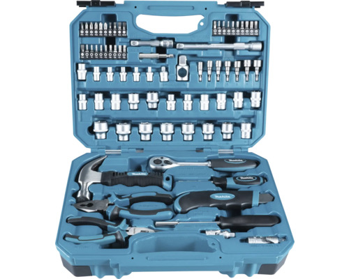 Boîte à outils ouverte avec marteau, pinces, tournevis, clés à douille et embouts de Makita