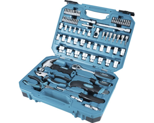 Boîte à outils Makita avec marteau, pinces, clés et douilles