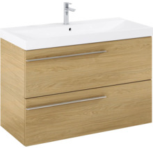 Meuble sous-lavabo avec deux tiroirs, structure en bois et lavabo à poser