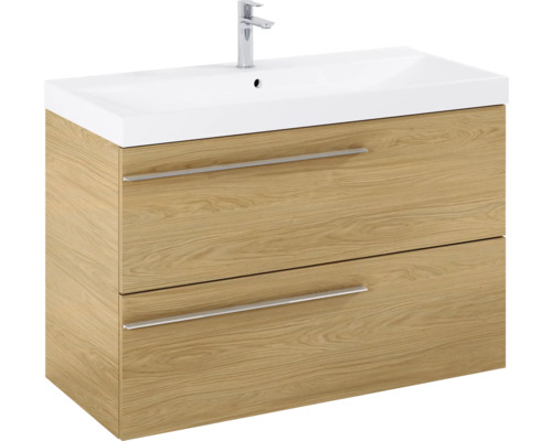 Meuble sous-lavabo avec deux tiroirs, structure en bois et lavabo à poser