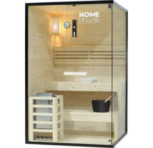 Sauna en bois avec façade en verre, bancs, poêle et accessoires