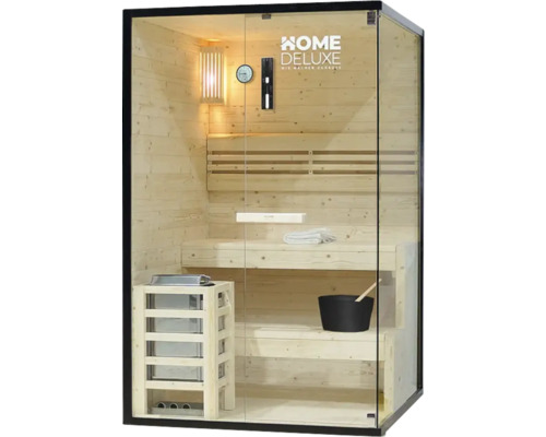 Sauna en bois avec façade en verre, bancs, poêle et accessoires