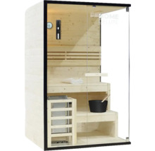 Sauna avec intérieur en bois et porte en verre