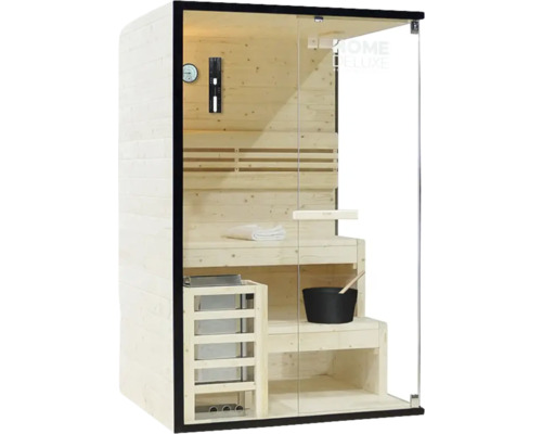 Sauna avec intérieur en bois et porte en verre