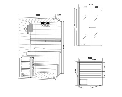 Schéma technique d'un sauna avec dimensions